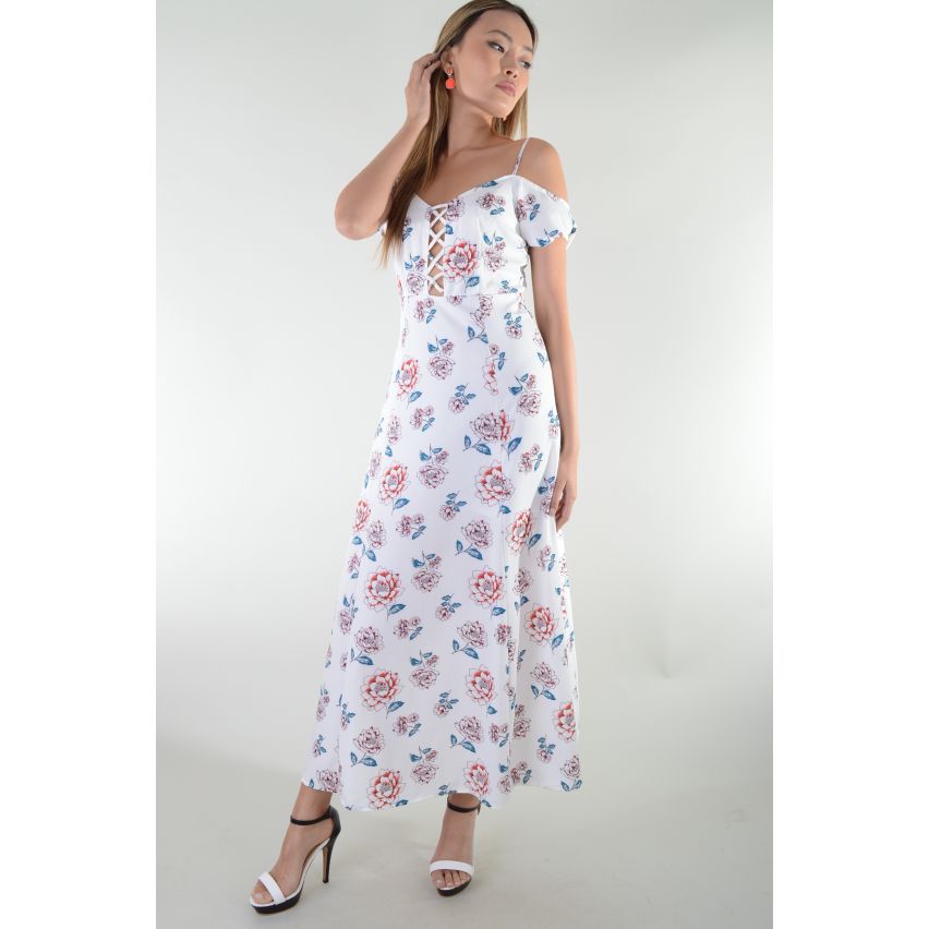 Lovemystyle blanc Maxi robe avec imprimé Floral et de la dentelle à l’avant