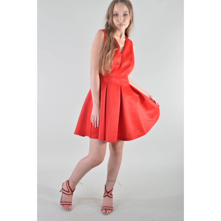 Lovemystyle Scuba V-Back Pleated Skater Dress In Red - SAMPLE