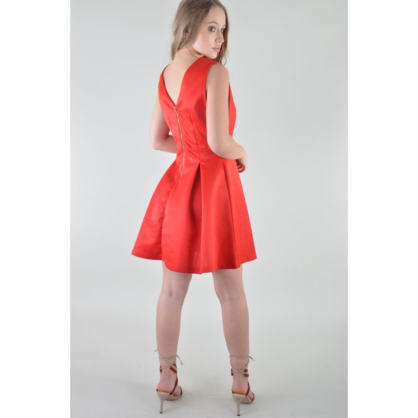 Lovemystyle Scuba V-Back Pleated Skater Dress In Red - SAMPLE