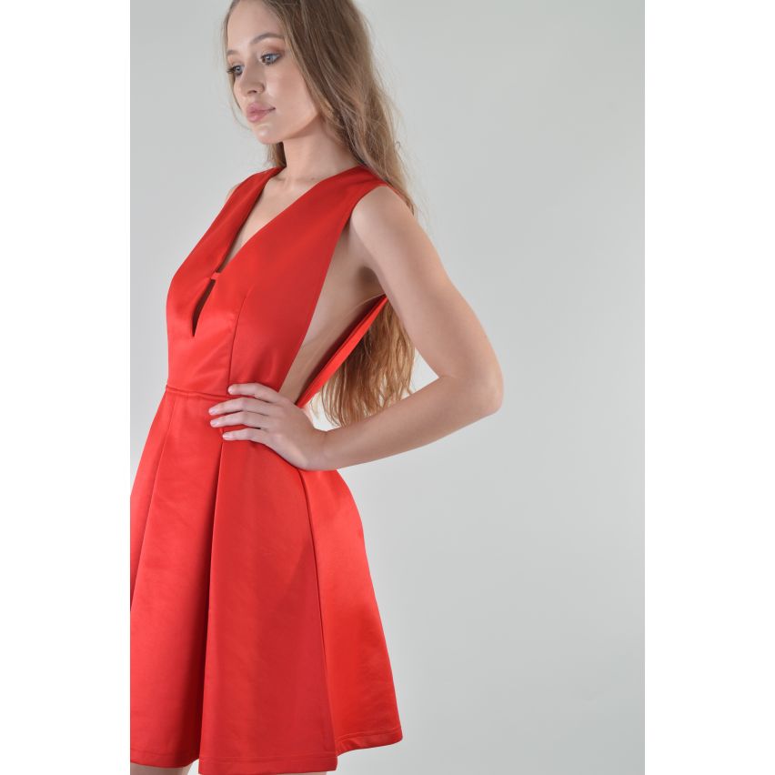 Lovemystyle Scuba V-Back Pleated Skater Dress In Red - SAMPLE