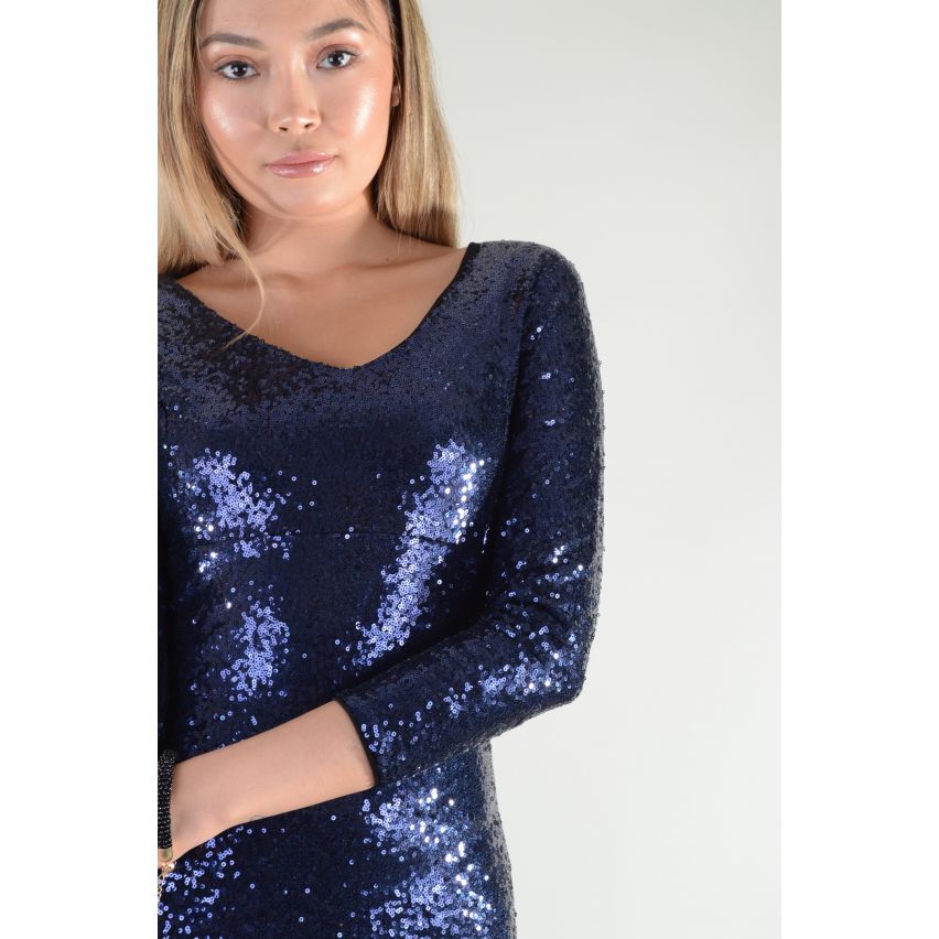 Lovemystyle Long manches robe courte Sequin bleu