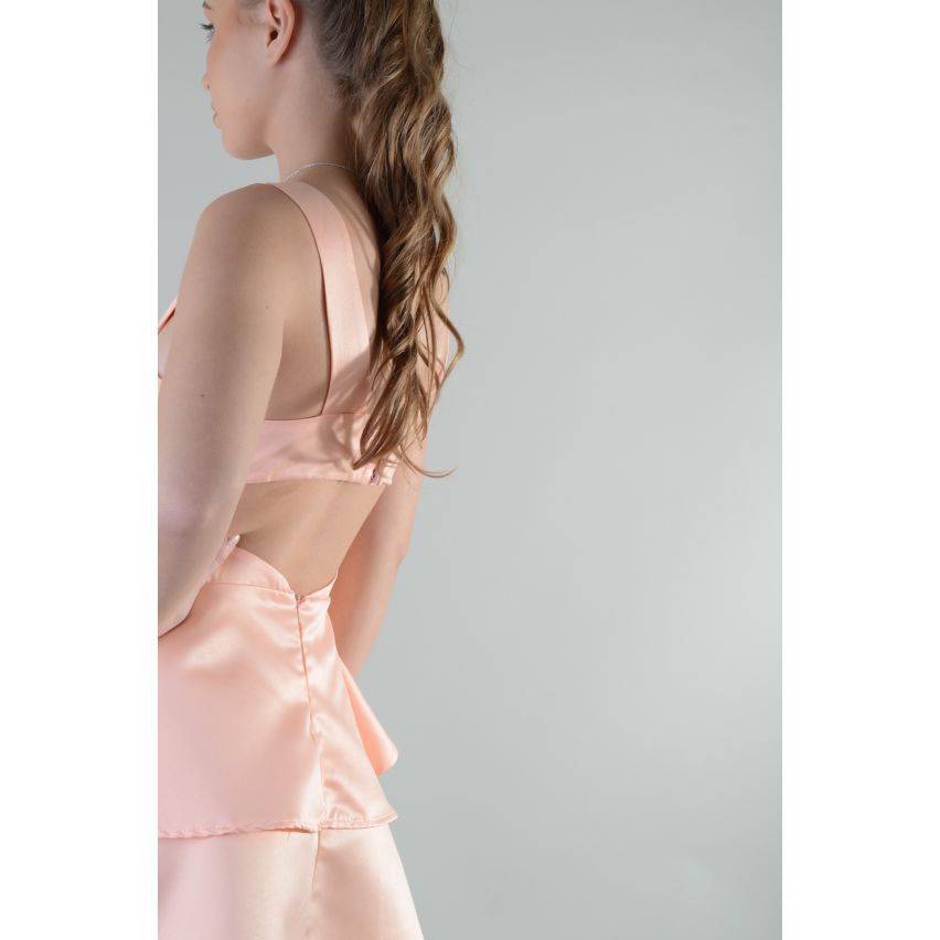 LMS Peach Backless Satin Skater Dress With Double Frill Skirt - SAMPLE