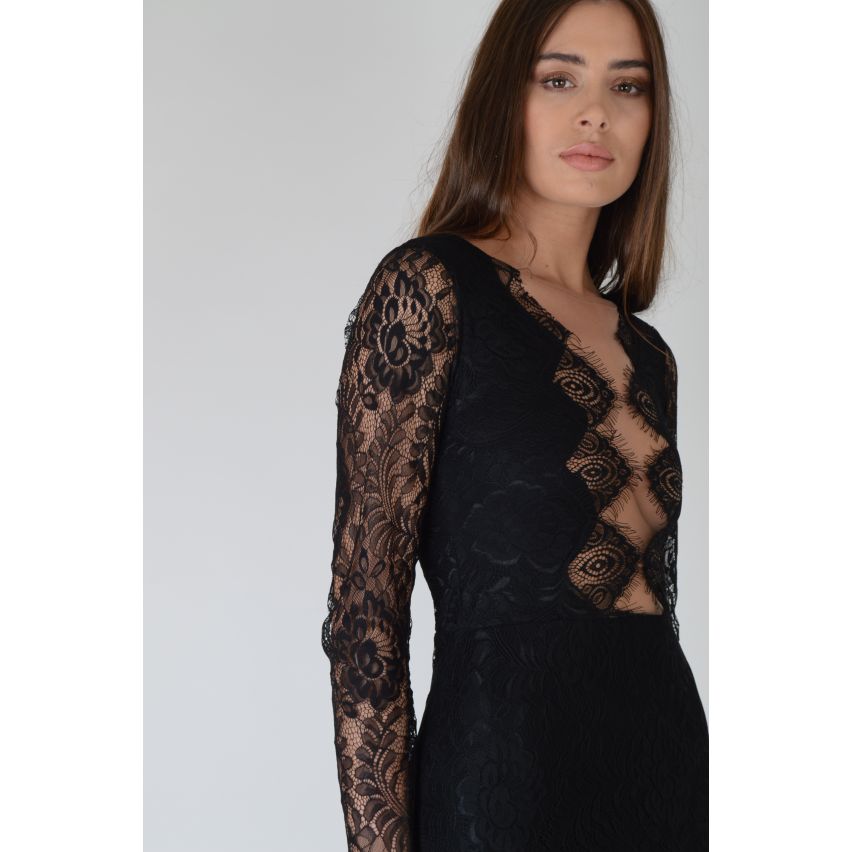 LMS plongée noir cou LBD avec dentelle manches longues