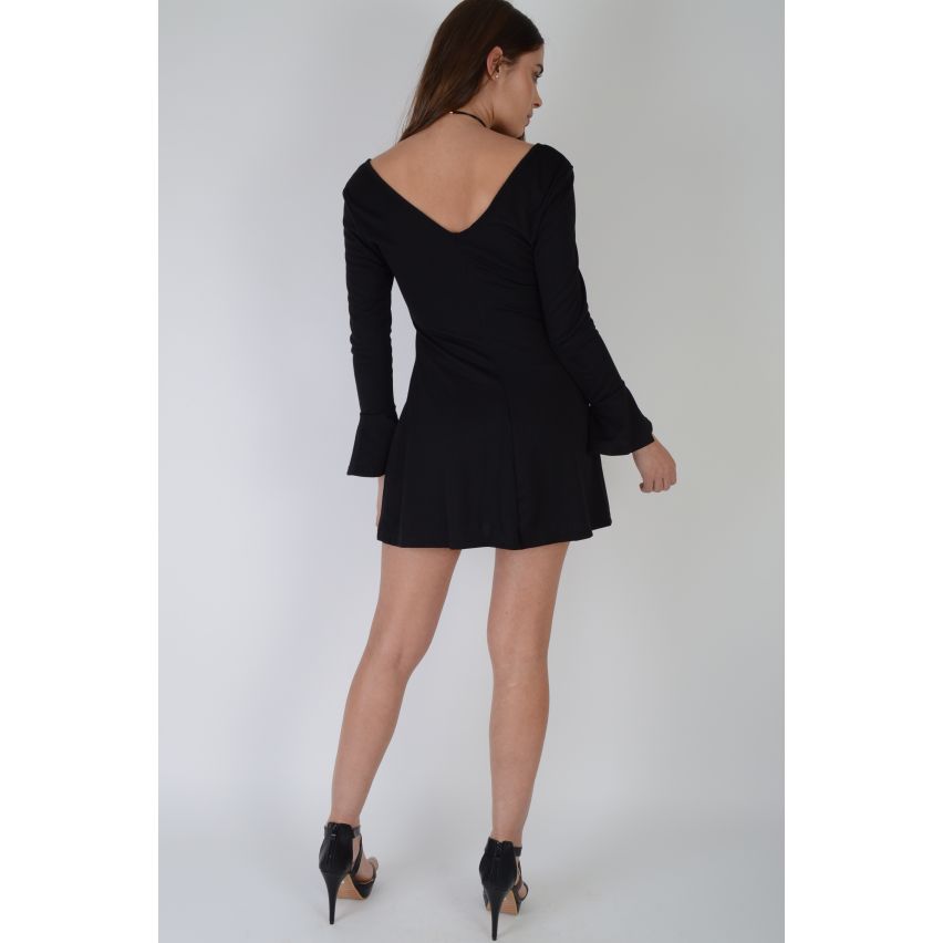 Lovemystyle Bell à manches longues noir Skater robe avec encolure plongeante