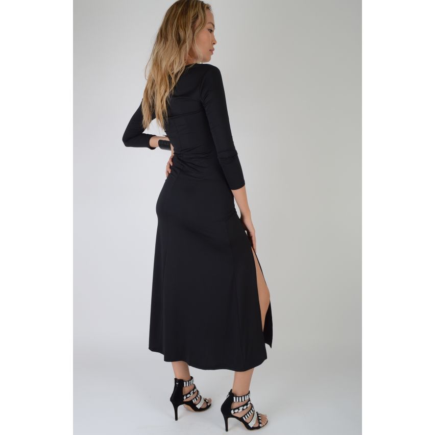 Lovemystyle noir Midi robe à manches longues et côté Split