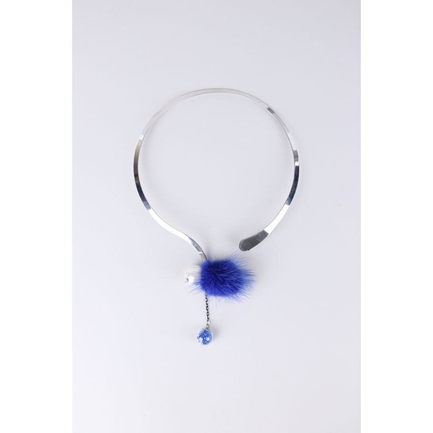 Lovemystyle Silver Choker med blå Pom Pom detalj