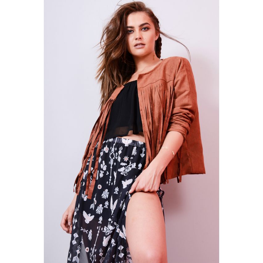 Lovemystyle Faux Suède Fringe veste de motard en Tan