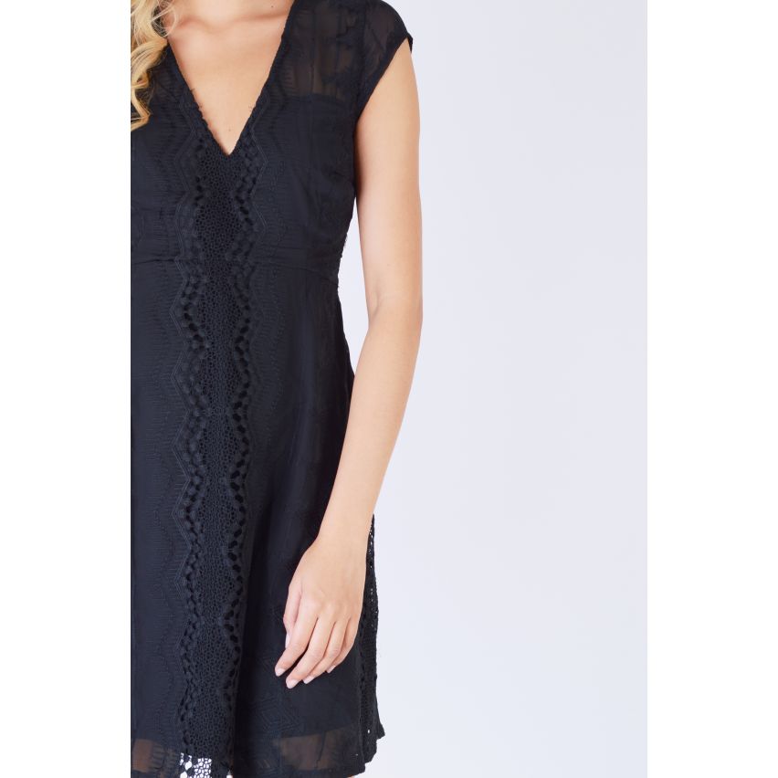 Danity Black Lace Skater Dress With V-Neck And Sheer Lace Back