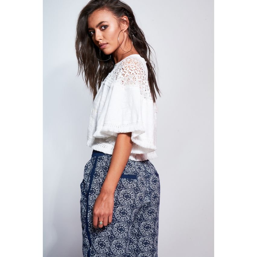 Danity White Smock Top With Crochet Neckline And Fringed Hem