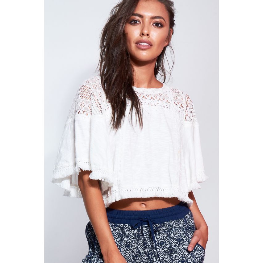 Danity White Smock Top With Crochet Neckline And Fringed Hem