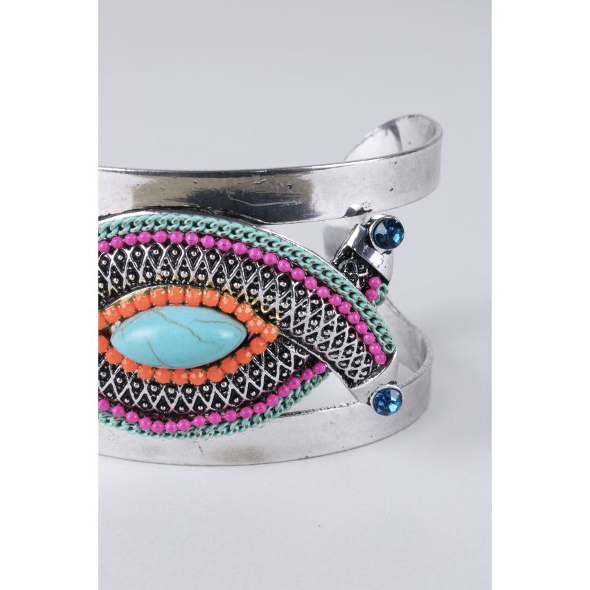 Lovemystyle Silver Bangle With Tribal Bead Embellishment