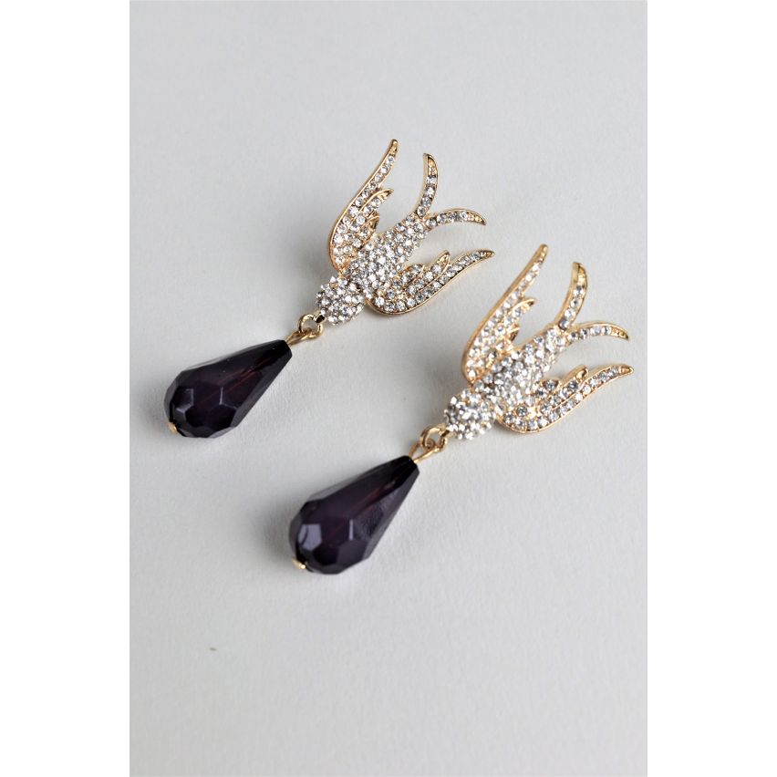 LMS oiseau or boucles d’oreilles avec Diamantes et Tear Drop perle noire