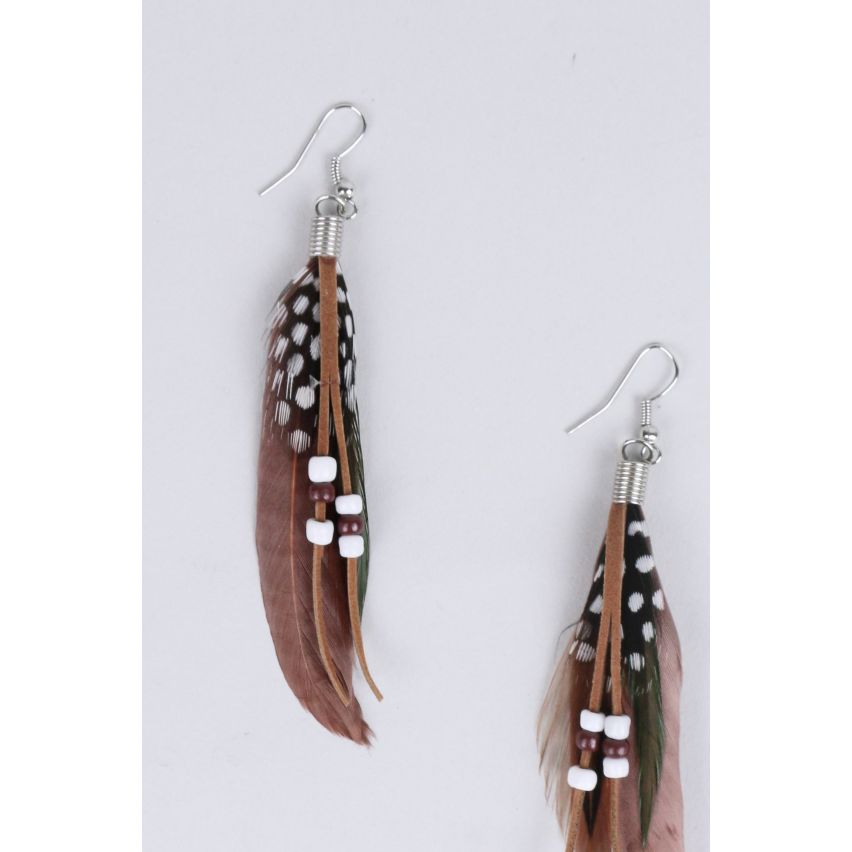 Lovemystyle Brown Feather Earrings With Beads