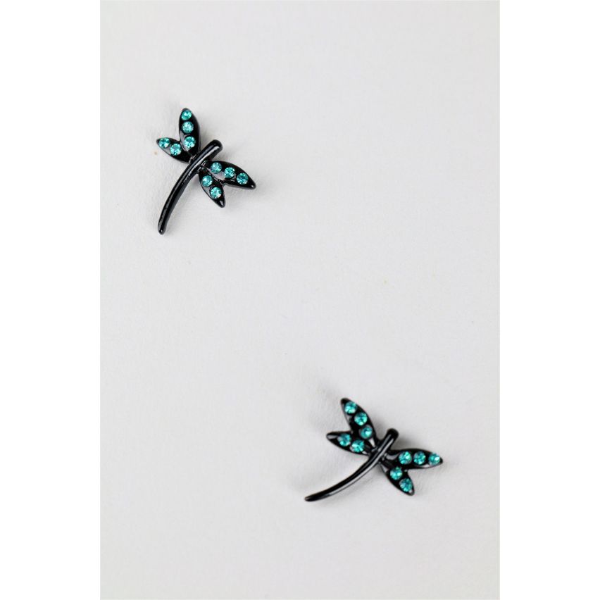 Lovemystyle Black Dragonfly Stud Earrings With Blue Diamantes