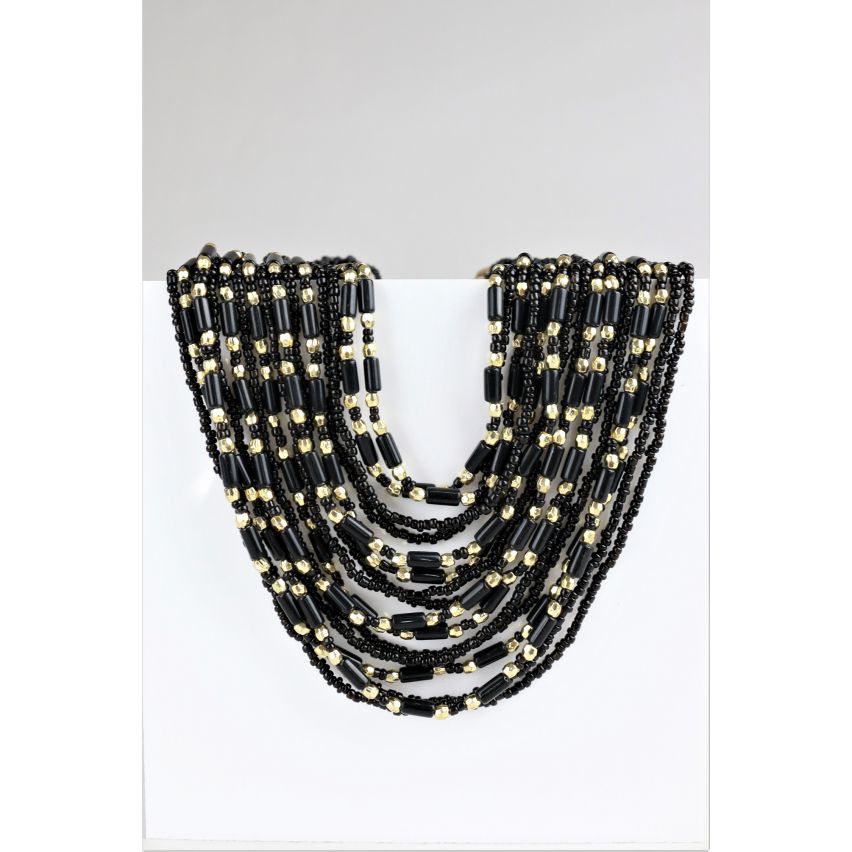 LMS Multi Strand Black Beaded Necklace With Gold Bead Accents