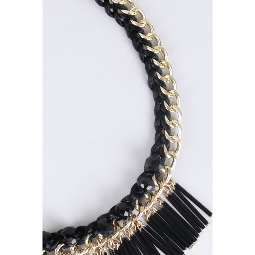 LMS Statement Gold Necklace With Black Beads And Tassels