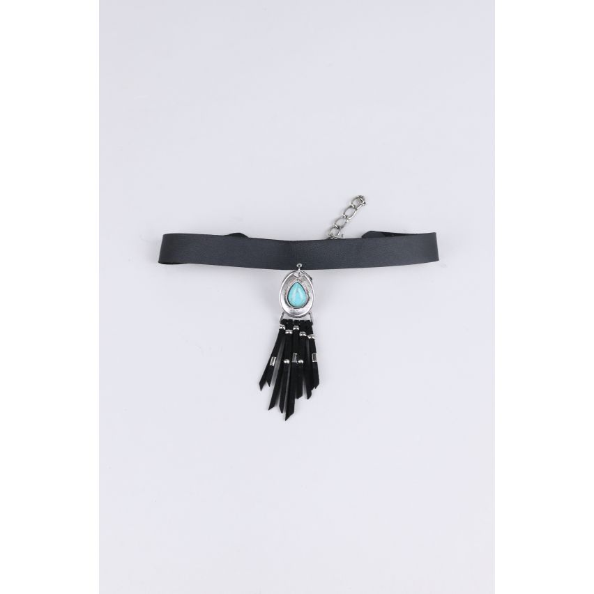 Collier de chien noir Lovemystyle avec pierre bleue et gland