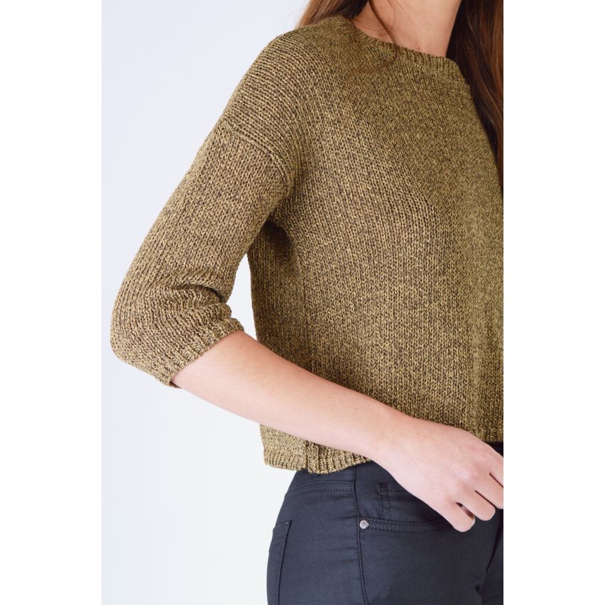 Freitag Projekt, das Khaki grün Pullover mit 3/4 Ärmeln gestrickte