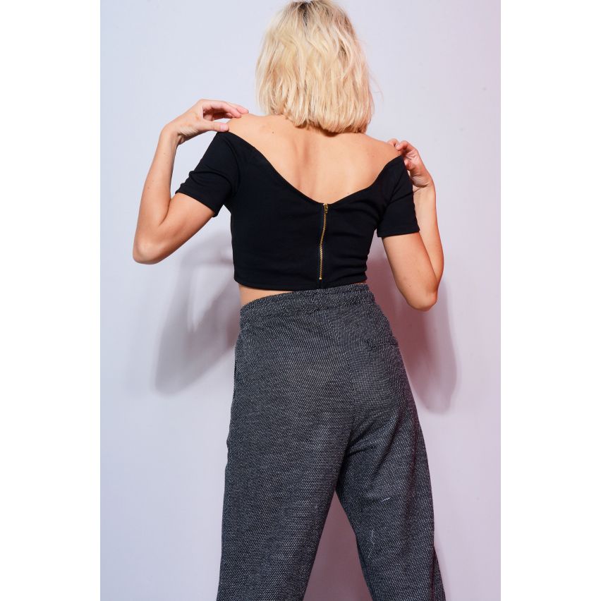 LMS noir traverser hors de l’épaule Crop Top Wih Zip dos