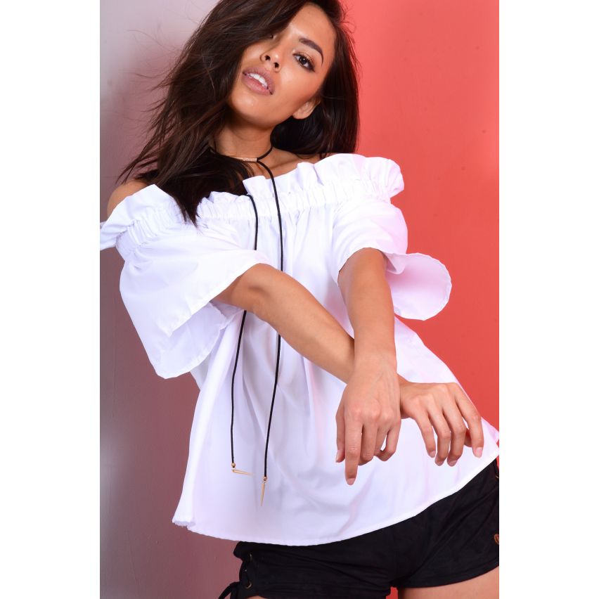 Lovemystyle Off Shoulder Top volant blanc à manches courtes