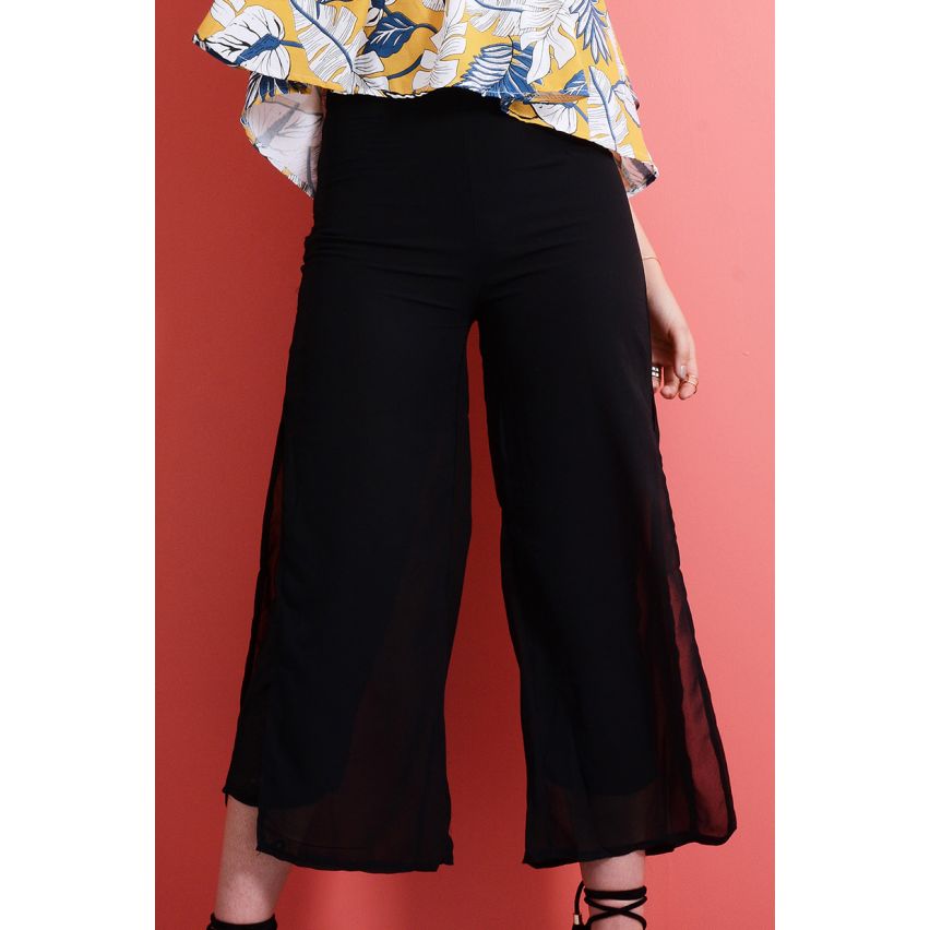 Lovemystyle Black High Waist Culottes With Chiffon Overlay