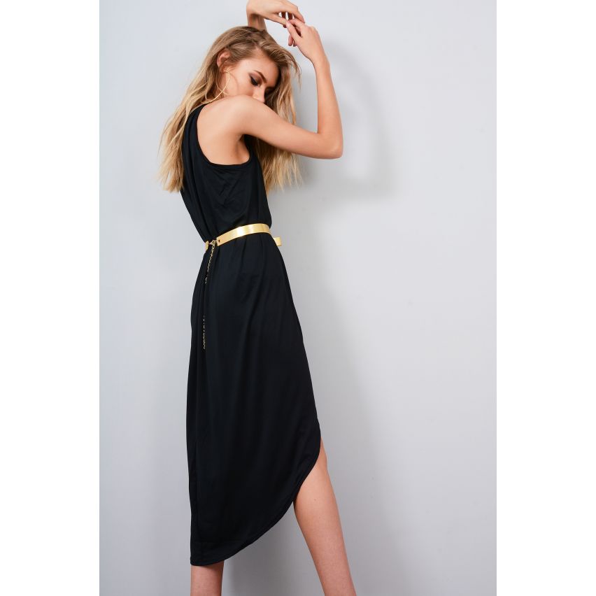 Black dress with gold belt best sale