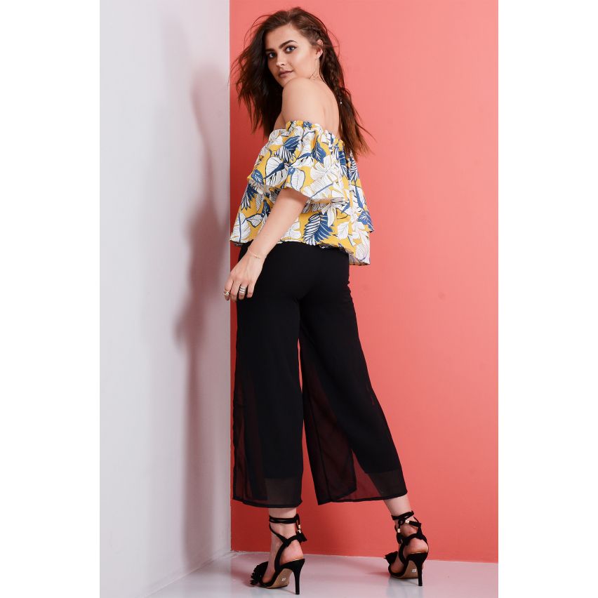 Lovemystyle Black High Waist Culottes With Chiffon Overlay