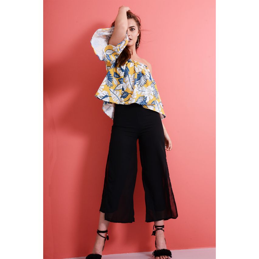 Lovemystyle Black High Waist Culottes With Chiffon Overlay