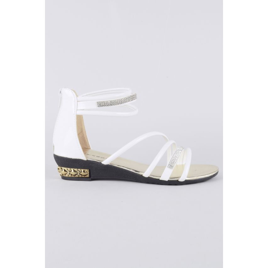 LMS blanc Multi Strap Sandal plat avec détail de Diamante