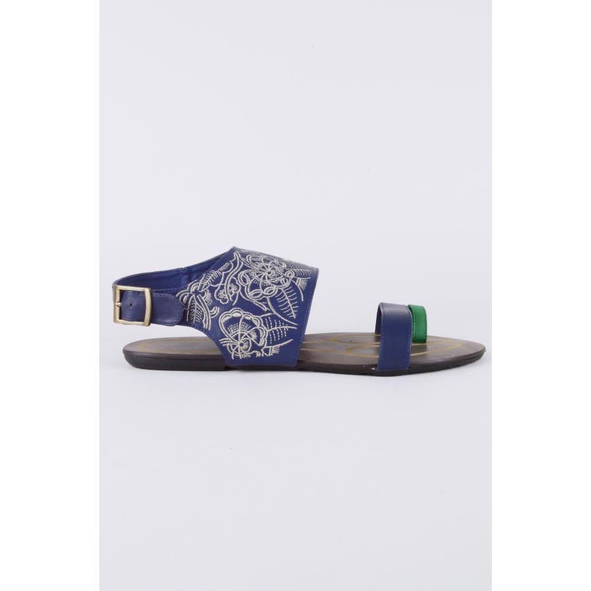 LMS Blue Leather Sandals With Stitching And Green Toe Strap