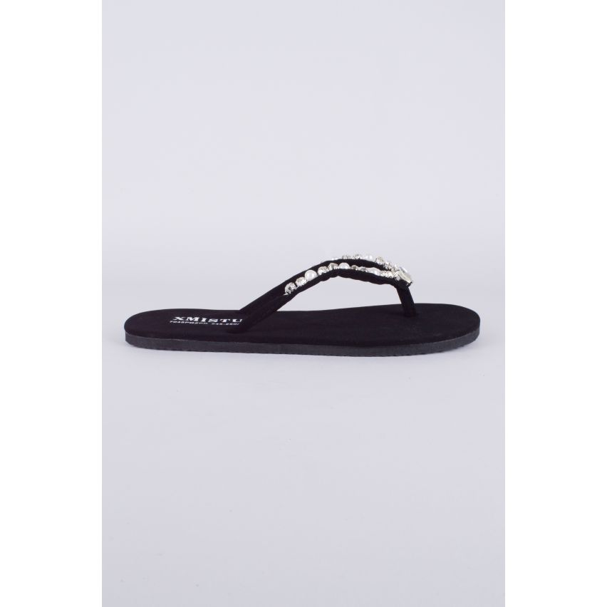 Lovemystyle Black Flip Flop Sandals With Silver Gems