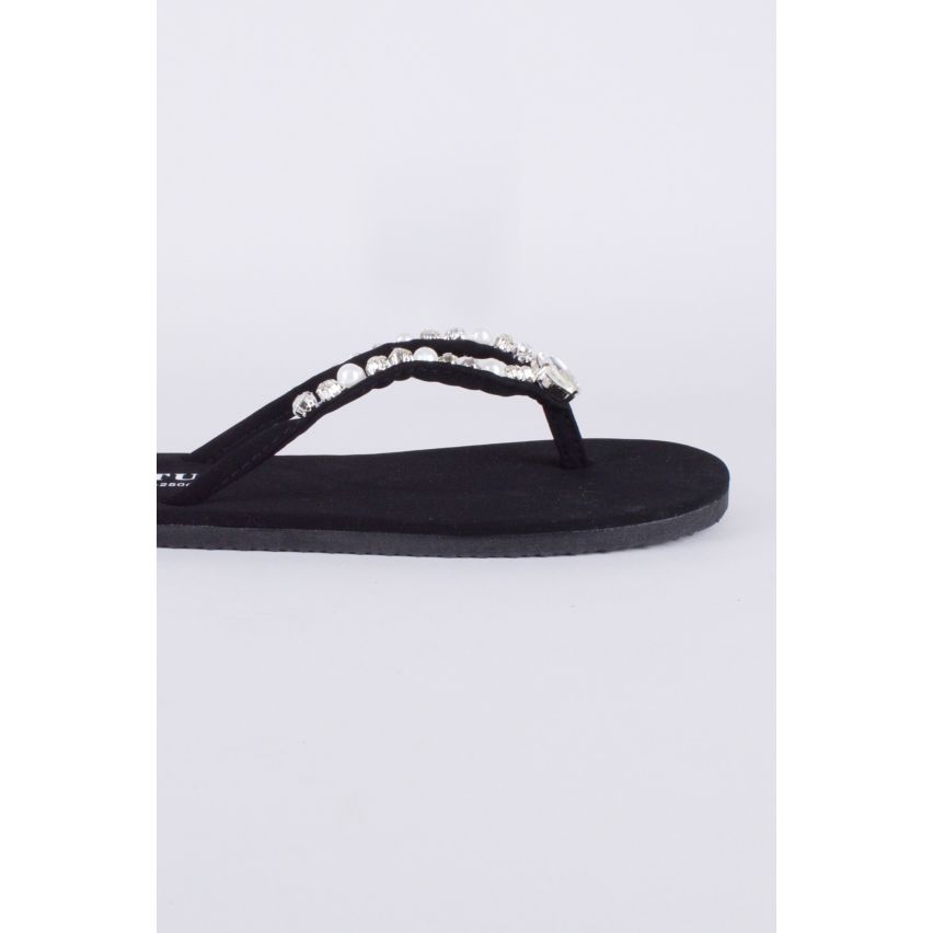 Lovemystyle Black Flip Flop Sandals With Silver Gems