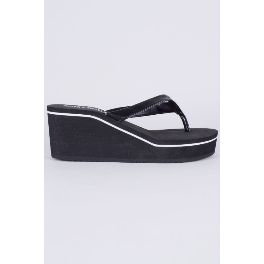 Lovemystyle Black Wedge Flip Flops With White Accent