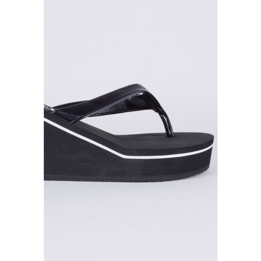 Lovemystyle Black Wedge Flip Flops With White Accent