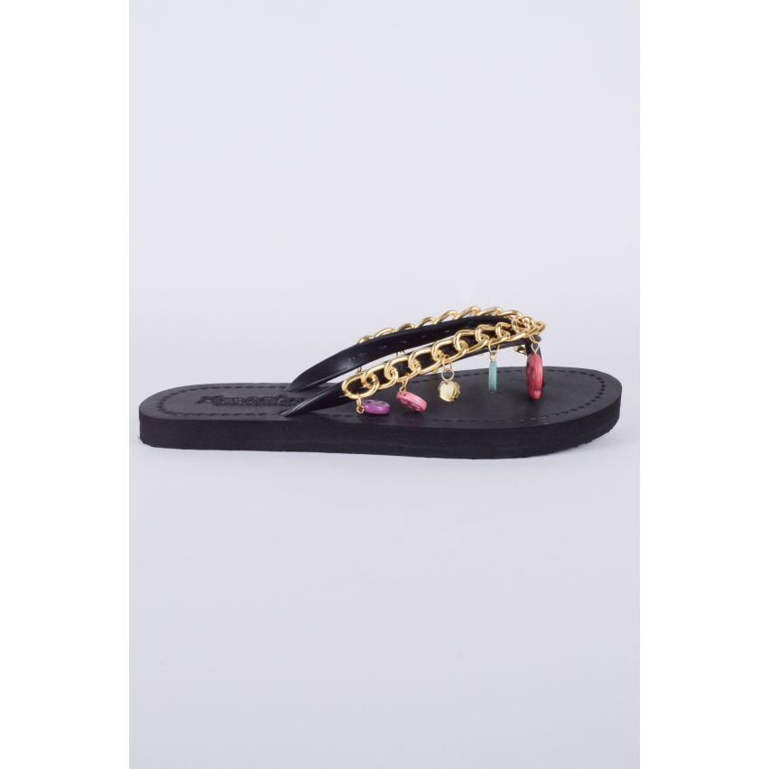 Lovemystyle Black Flip Flops With Gold Chain And Charm Strap