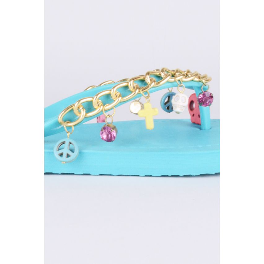 Lovemystyle Blue Flip Flops With Gold Chain And Charm Strap