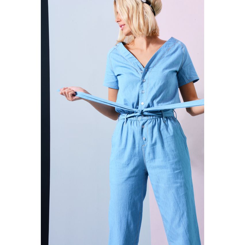 Jumpsuit Denim léger LMS avec chemisier de Front et de la taille de la cravate