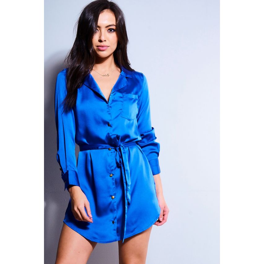 LMS Blue Satin Shirt Dress With Tie Belt And Long Sleeves