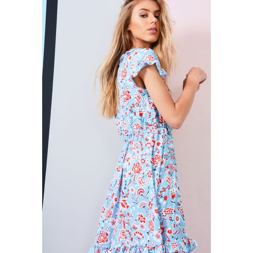 LMS légère robe d’été bleu Floral Wrap avec taille réuni