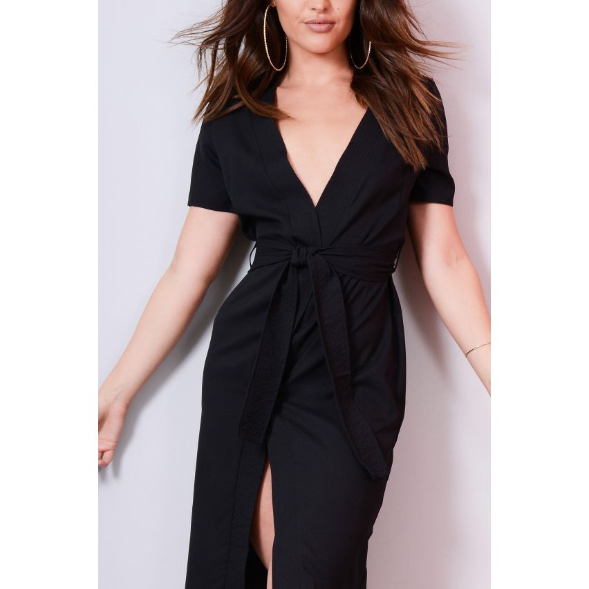 Lovemystyle Black Midi Wrap Dress With Tie Waist Belt