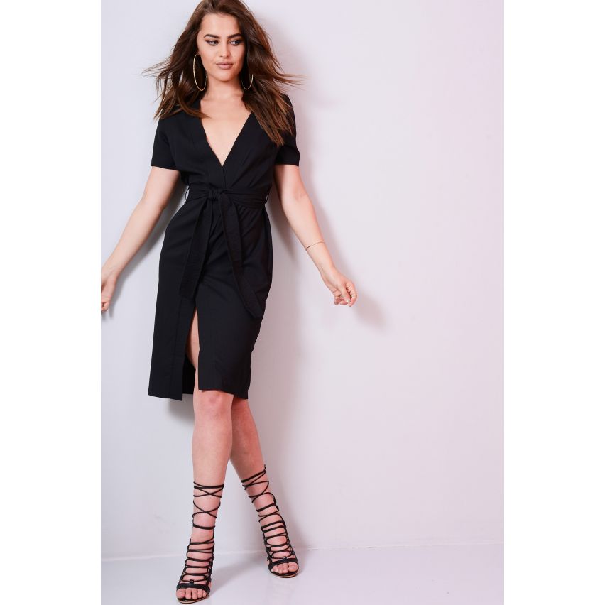 Lovemystyle Black Midi Wrap Dress With Tie Waist Belt