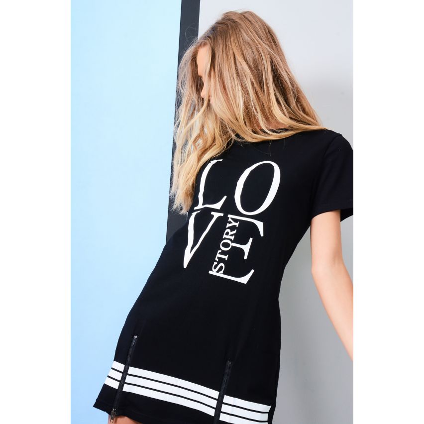 LMS noir et blanc amour Slogan T-Shirt robe avec Zips de jambe