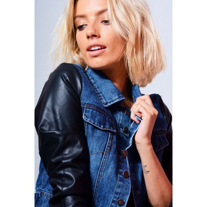 Lovemystyle Cropped Denim Jacket With Faux Leather Sleeves