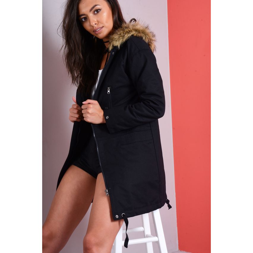 Lovemystyle noir Parka avec capuche fausse fourrure marron