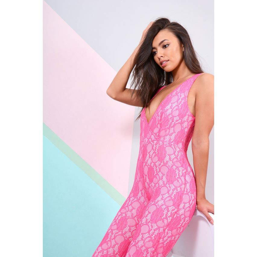 Lovemystyle Pink Fitted Lace Jumpsuit With Deep Plunge Neckline