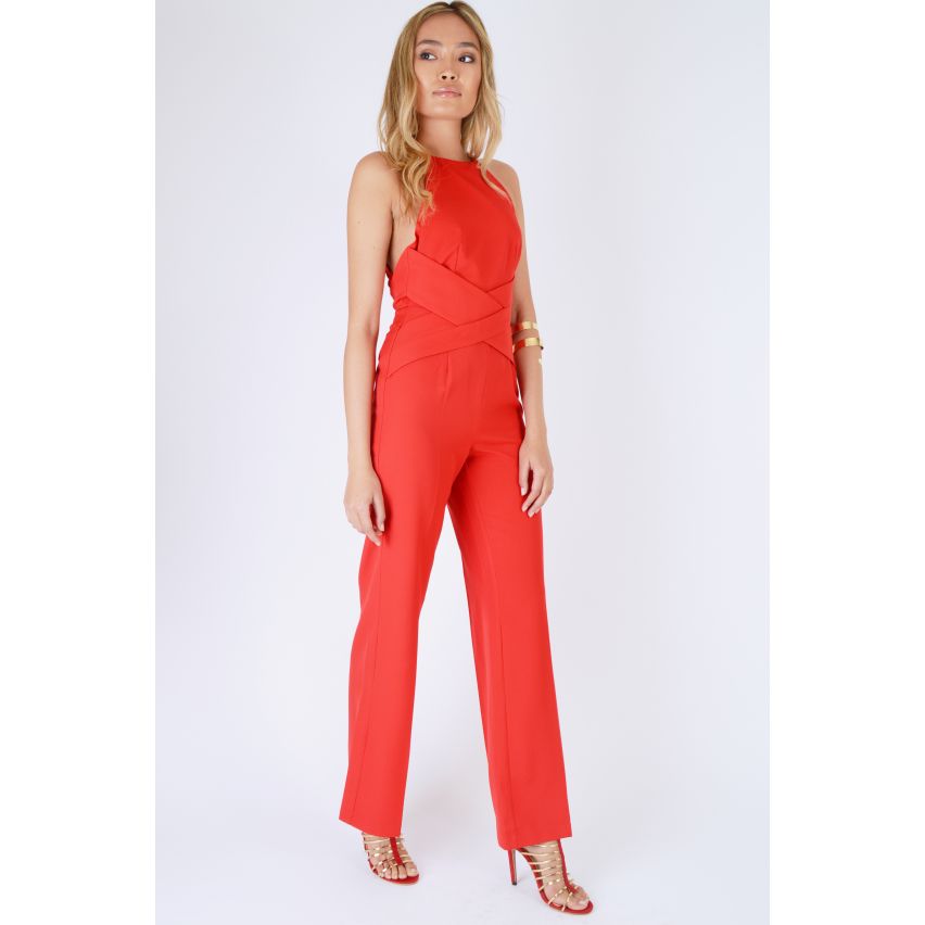 Lavish Alice Wrap Around Red Jumpsuit With Open Back