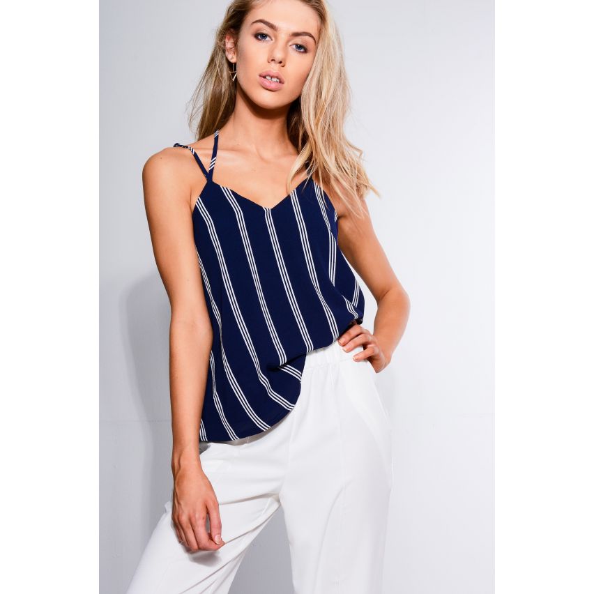 Lola kann Navy v-neck Weste Top mit Nadelstreifen und niedrige zurück