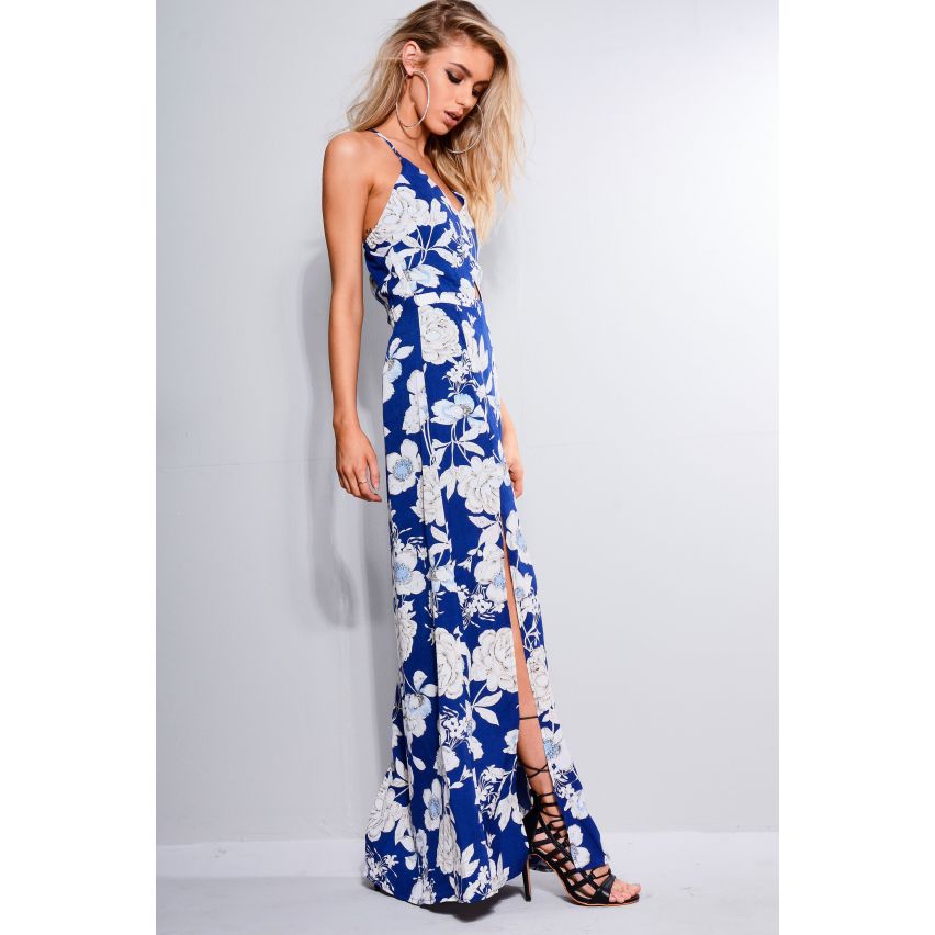 Robe parisienne été Maxi Floral bleu avec découpe de détail