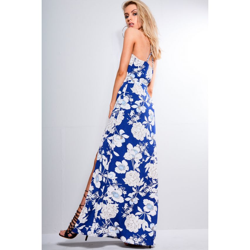 Robe parisienne été Maxi Floral bleu avec découpe de détail