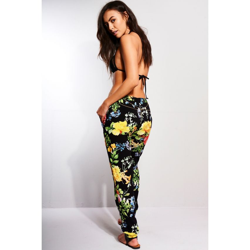 Paris Plage Floral Noir pantalon avec taille réuni